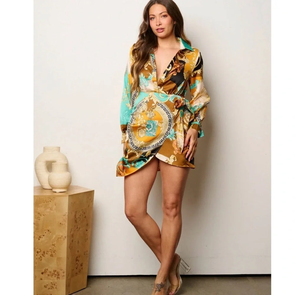 Women Baroque Print Muliti Patterned Button Down Mini Wrap Tied Stain Dress